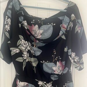 Floral Black Bare Shoulder Jumpsuit with Short Sleeves